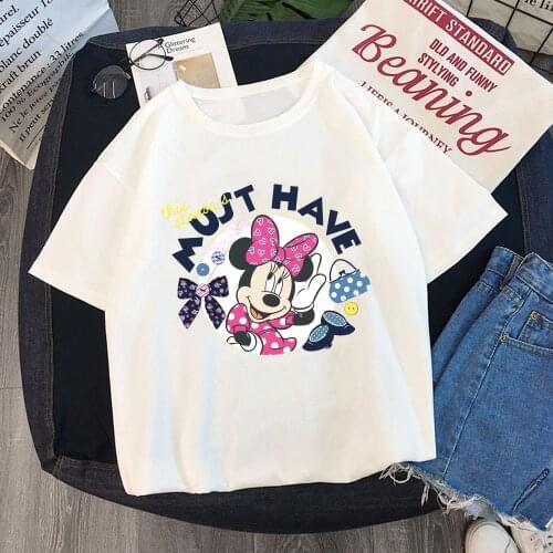 Women T Shirt Summer Short Sleeve Casual White Tshirts Miss Minnie Mouse Print Cartoon Disney T-shirts O-neck Loose Female Tops