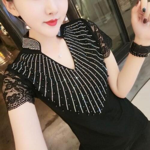 Lace patchwork short sleeve t-shirt women v-neck fashion diamond top tees plus size 3XL