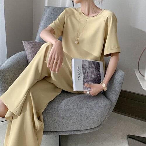 Ladies Full Length Wide Leg Trousers Tracksuit Summer Casual Solid Womans Two Piece Outfits Female O-Neck Short Sleeve T-Shirts