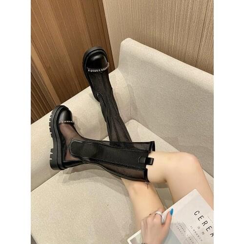 Long Tube Mesh Hollow Ladies Net Boots Summer Thin Section Rivet Thick Bottom Breathable Mid-Heel Zipper Temperament Martin Boot