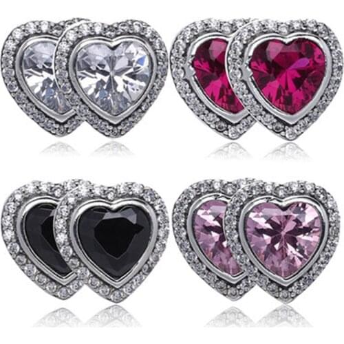 925 Sterling Silver Double Stud Earrings 5 Color Crystal Love Heart Diy Earrings For Women Wedding Jewelry