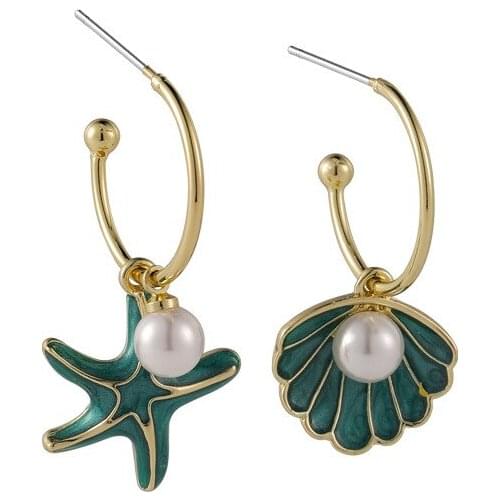 2021 Summer Beach Style Drop Earrings for Women Colorful Enamel Starfish Shell Acrylic Pearl Earrings Fashion Asymmetry Jewelry