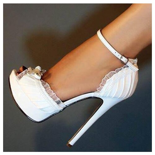Dipsloot New Woman White Lace Ruffles Peep Toe Platform Pumps Female Buckle Strap Thin Heels Butterfly Knot Wedding Pumps Shoes