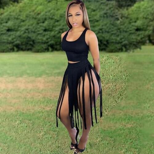 Sexy Beachwear Two Piece Dress Set Summer Outfits for Women Sleeveless Solid Tank Top+tassels Spliced Mid Calf Skirt Vacation