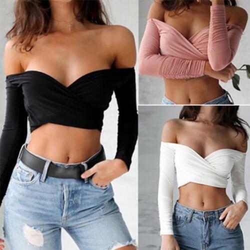 Hot Sale Summer Women Casual Off Shoulder Long Sleeve Crop Tops Shirt Female Solid T-Shirts Club Wear 2021