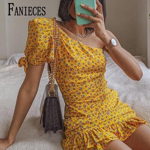 FANIECES Sexy Diagonal Neck Boho Yellow Floral Short Mini Dress Women Summer Ruffle One Shoulder Party Holiday Dresses Vestido