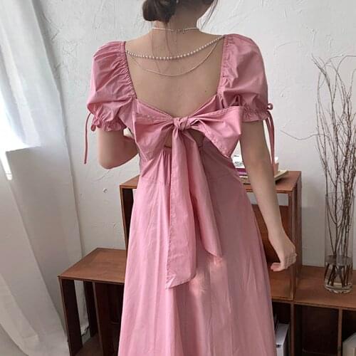 Korean Chic French Sweet Square Collar Back Pearl Chain Decoration Big Bow Tie Puff Sleeve Dress Women