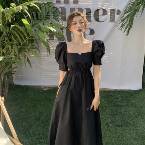 Dress female summer puff sleeve design square neck waist slimming long dress French retro hole black dresses