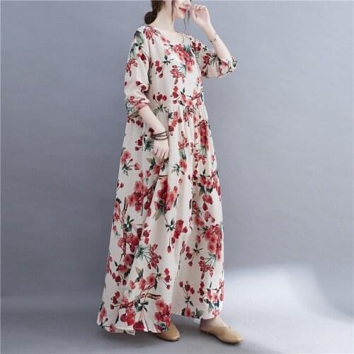 2021 New Arrival Long Sleeve Loose Autumn Dress Thin Soft Cotton Linen Print Floral Vintage Dress Women Casual Spring Dress
