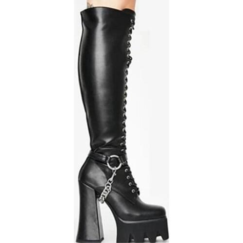 Winter Black Leather 15 cm Chunky Heels Platform Sliver Chain Knee High Boots Women Punk Style Round Toe Lace Up Long Botas
