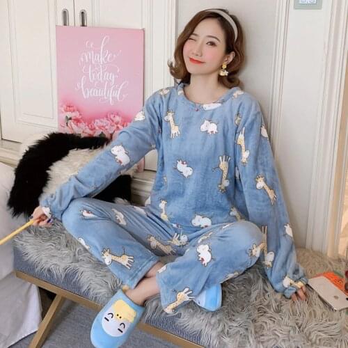 Winter Warm Flannel Women Pyjamas Sets Thick Coral Velvet Long Sleeve Homewear Cartoon Sleepwear Full Sleeve Flannel Pijamas Set