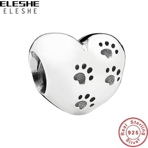 ELESHE 5PCS Wholesale S925 Sliver Fine Bead Cute Dog Paw Heart Charm Fit Original Bracelet & Necklace DIY Fashion Sample Jewelry
