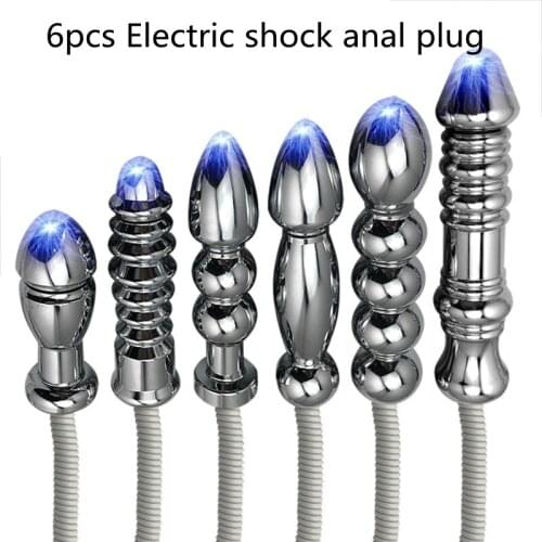 6size vibration electro shock Vaginal anal Butt Plug Metal Anal beads Prostate massage Electrical Stimulation adult Sex toy anal