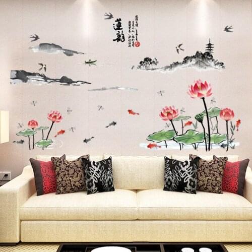 Ink Painting Lotus Wall Sticker Chinese Style Calligraphy Decorative Wall Decals Home Decor Art Wallpaper