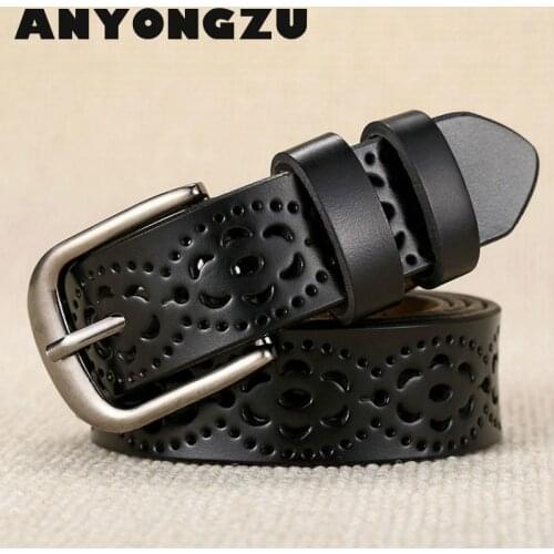 ANYONGZU design Women Belt really cowhide And around Hollow Simple Decoration Fashionable Needle Buckle 105 110 115 Tie-in jeans