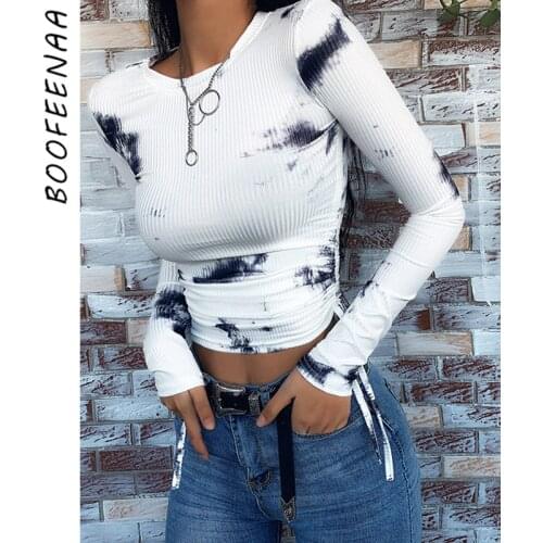 BOOFEENAA Sexy Harajuku Slim T Shirt Crop Top Spring 2020 Tie Dye Print Knit Drawstring Ruched Long Sleeve Graphic Tees C71-CZ18