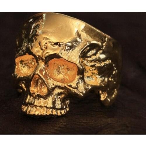 LINSION Gold Plated Brass Skull Ring High Details Mens Biker Rock Punk Jewelry GP135 US Size 6.5~15