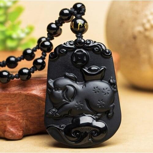 Natural Black Obsidian Zodiac Pig Jade Pendant Necklace Chinese Hand-Carved Fashion Jewelry Amulet Accessories for Men Women