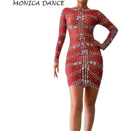 Sexy Silver Rhinestones Red Dress Evening Birthday Celebrate Outfit Stage Dance Stretch Dresses Women Singer Dancer Dress