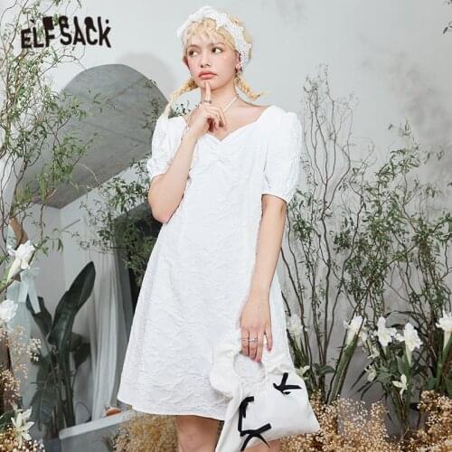 ELFSACK Solid Pure High Waist Casual Vintage Party Dresses Women 2021 Summer Elegant Puff Sleeve Sexy Ladies Beach Dress