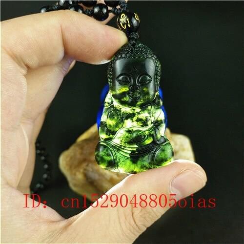 Certified Chinese Natural Black Green Jade Baby Buddha Pendant Necklace Charm Jewelry Obsidian Accessories Carved Amulet Gifts
