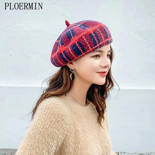 PLOERMIN Wool Vintage Warm Wool Winter Women Plaid Beret French Artist Beanie Hat Cap For Sweet Girl Gift Spring And Autumn Hats