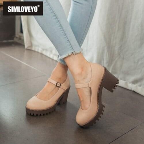SIMLOVEYO Chunky Heels Causal Brogue Mary Janes Pumps Buckle Vintage Block Square Mid Heels Carved Ladies Big Size 43 D581