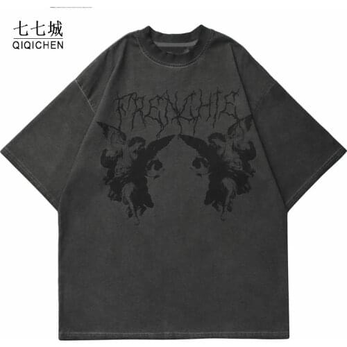 Hip Hop Vintage T-Shirt Men Angel Dark Print Tshirt Harajuku Cotton Streetwear Oversize T Shirt Summer Short Sleeve Tops Tees