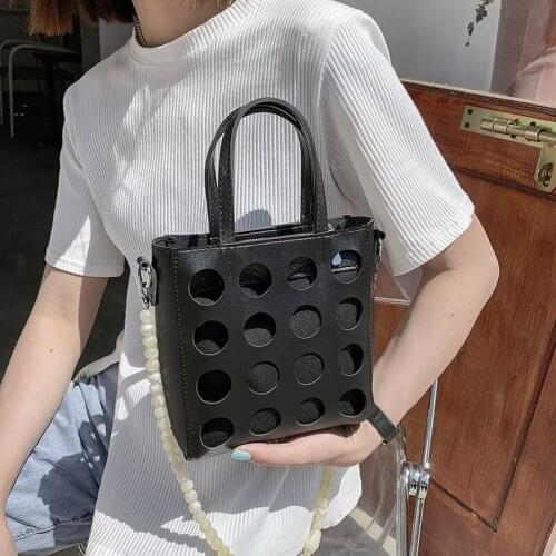 Vintage Women Handbags Designe Pearl Chain Shoulder Bags And Purse Female Hollow Bucket Bag Solid Color Pu Leather Crossbody Bag