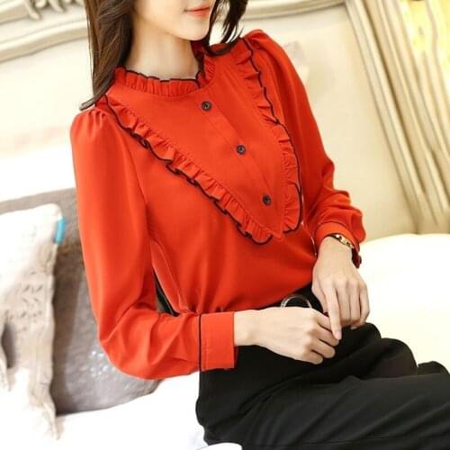 2021 New Summer Long Sleeve Casual Shirts Women Korean Style Loose Elegant Fashion Solid Ruffle Office work Blouses Female