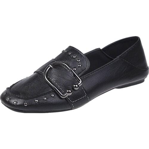 Spring and autumn new metal buckle rivet shallow mouth PU flat shoes stylish and comfortable two womens shoes