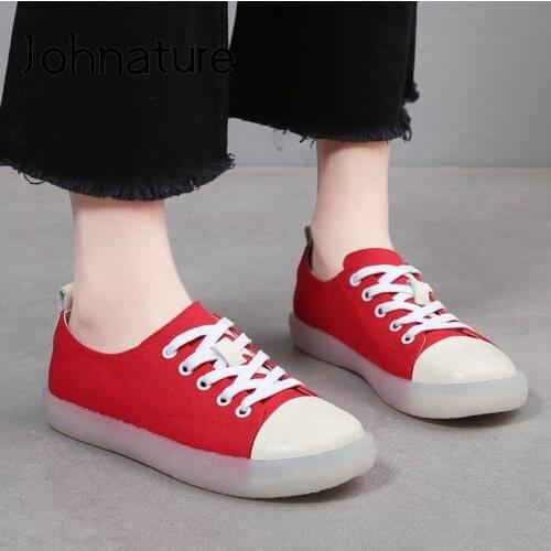 Johnature Spring/Autumn Flats Women Shoes 2021 New Lace-Up Canvas Handmade Concise Shallow Leisure Ladies Shoes Plus Size 41-43