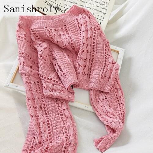 Sanishroly Autumn Winter Women Lantern sleeve Knitted Pullovers Short Tops Long Sleeve Sweater Female Hollow Out Knitwear SE804