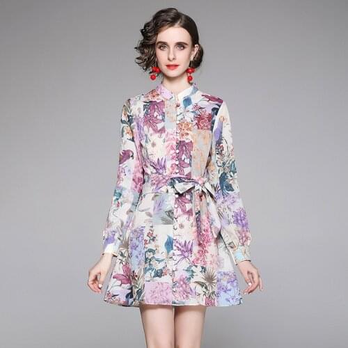 Womens Summer Prom Dress European Casual Stand-up Collar Lace-up Printed Long-sleeved Short Dress New Female Slim Dresses X127