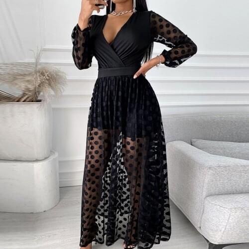 Sexy Fashion Dot Printed Party Long Dress Women 2021 Summer Elegant V-Neck Lace Loose Shorts Mesh Long Sleeve Slim Beach Dresses