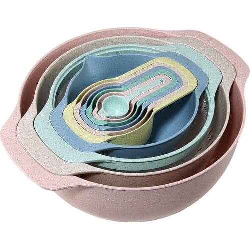 10 Pcs/Set Wheat Straw Bowl Spoon Measure Cup Kitchen Utensil Stackable Baking Tool Powder Sieve Colander Fruit Vegetable Plate