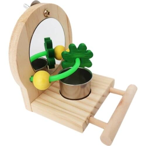 B2QB Parrot Mirror Toy with Stainless Steel Feeding Cup Bird Wooden Frames with Cage Perch for macaw African Greys Budgies