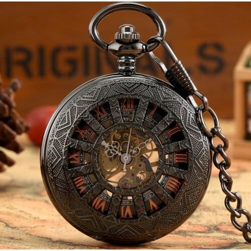 Retro Black Exquisite Hollow Flip Cover Mechanical Pocket Watch Rose Gold Digital Dial Pendant High-end Chain Pocket Watch Gifts