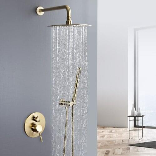 Bathroom Rain Shower Faucet System Bath Mixer Tap Brushed Gold Brass Diverter Hand Held Shower Head with Wall Mounted Arm Set