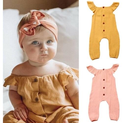 Focusnorm 0-24M Kids Toddler Baby Girl Romper Short Sleeve Jumpsuit Solid Cotton Playsuit Sunsuit Clothes Set US