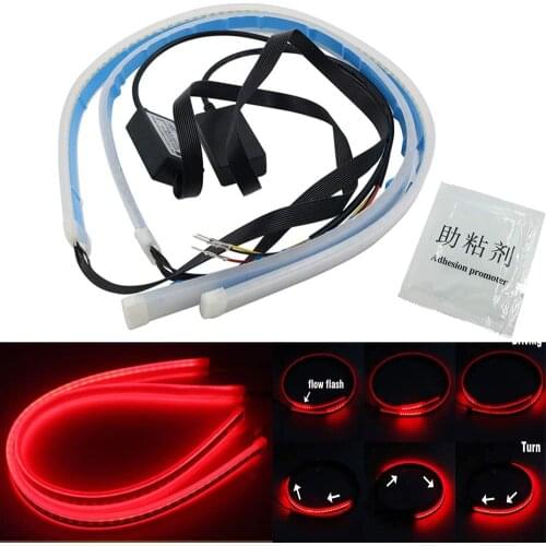 2pcs 60CM Red Dual Mode Flexible Waterproof Strip Tube Light Flowing Bar Silicone Strip High Brake Light Turn Signal light 12V