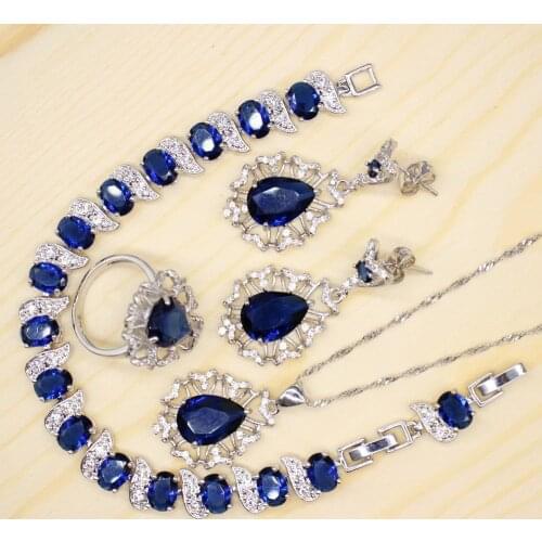 GZJY Women Blue Crystal Jewelry Sets 925 Silver Ring Royal Blue Necklace Stud Earring Egg Bracelet Sets for Wedding Party