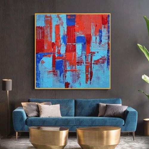 Art July abstract hand-painted square geometric oil painting living room bedroom dining room decorative painting blue mural
