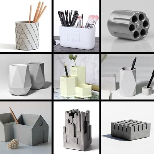 Square cement pen holder silicone molds and concrete 16 holes in a DIY craft board to receive molds