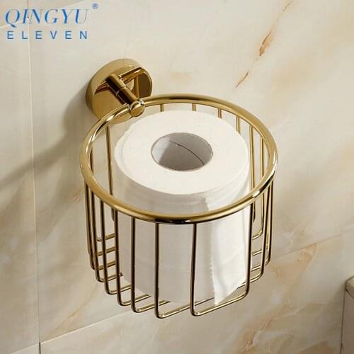 QINGYU ELEVEN Gold Soild Brass Toilet Paper Holder European Style Wall Mounted Bathroom Toilet Roll Paper basket
