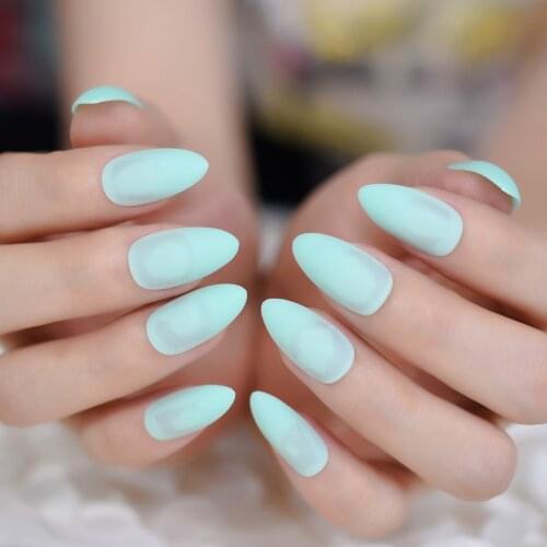 Matte Frosted Almond Stiletto Shape Fake Nails Candy Cyan Green Faux Ongles Full Cover ABS False Nails Artificial Tips