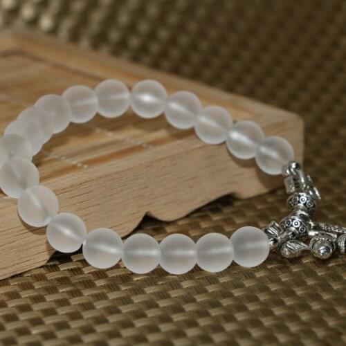 Fashion Tibet silver-color pendant white frosted matte crystal round beads 8mm high grade bracelet for jewelry 7.5inch B2173