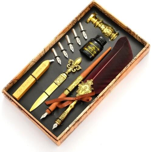 2021 New Calligraphy Quill Feather Dip Pen Fountain Writing Ink Nibs Seal Wax Gift Box