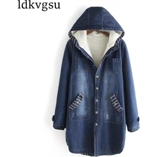 2021 Autumn Winter Denim Jacket Women Warm Hooded Jeans Coat Plus Size 4XL Casual Female Long Denim Windbreaker Outerwear A455