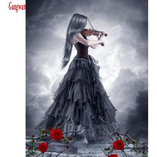 Full square Round Diamond Painting girl Back view rose 5D Embroidery Diamond Mosaic Pattern Rhinestone Painting violin Woman
